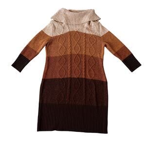 Cable Knit Wool Sweater Dress Turtleneck Earth Stripe Boho Cozy Cottagecore Fall